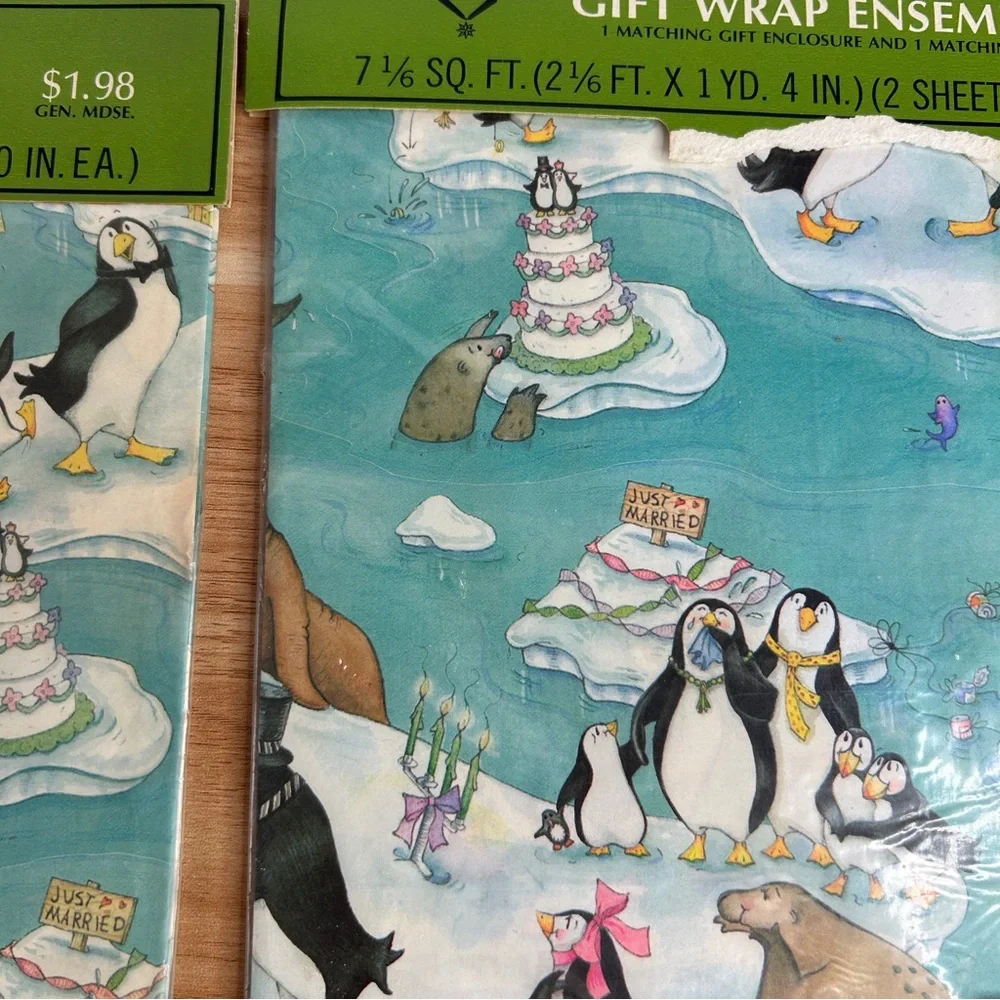 Vintage Wedding Wrapping Paper Blue Penguins Wedding Cake Set of 2 Hallmark